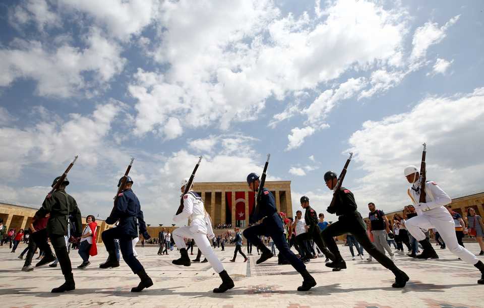 Soldiers march at the Anıtkabir, the Mausoleum of Turkey's founding father Kemal Mustafa Ataturk, in Ankara on Youth Day.