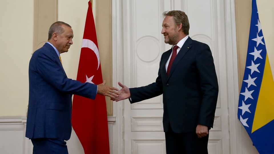 Turkish President Recep Tayyip Erdogan meets with Bakir Izetbegovic, the Bosniak member of the tripartite Presidency of Bosnia and Herzegovina in Sarajevo on Sunday 20, 2018.
