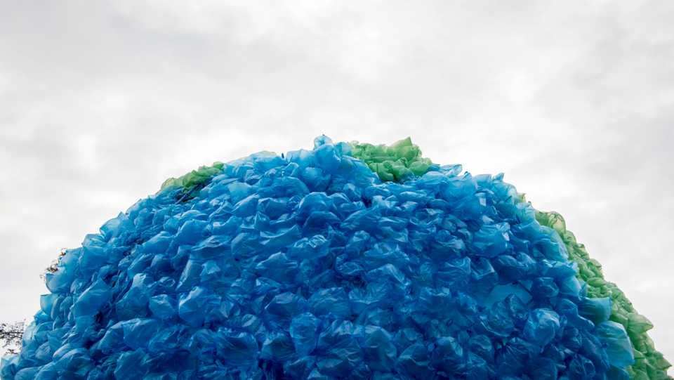 This file photo taken on June 08, 2017 shows a sphere made out of plastic bags that simulates the contaminated earth during the launching of the 