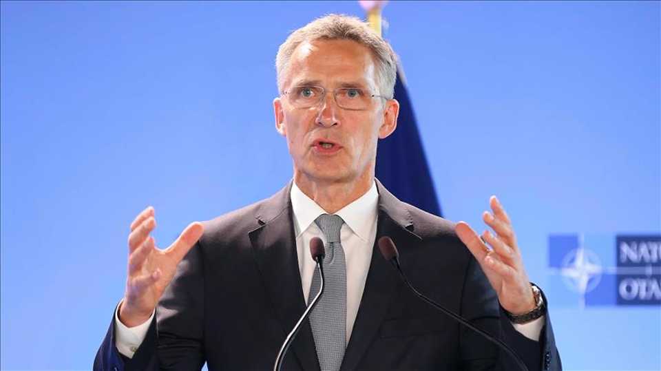 Secretary General Jens Stoltenberg addressing a press conference ahead of a meeting of NATO defence ministers in Brussels.