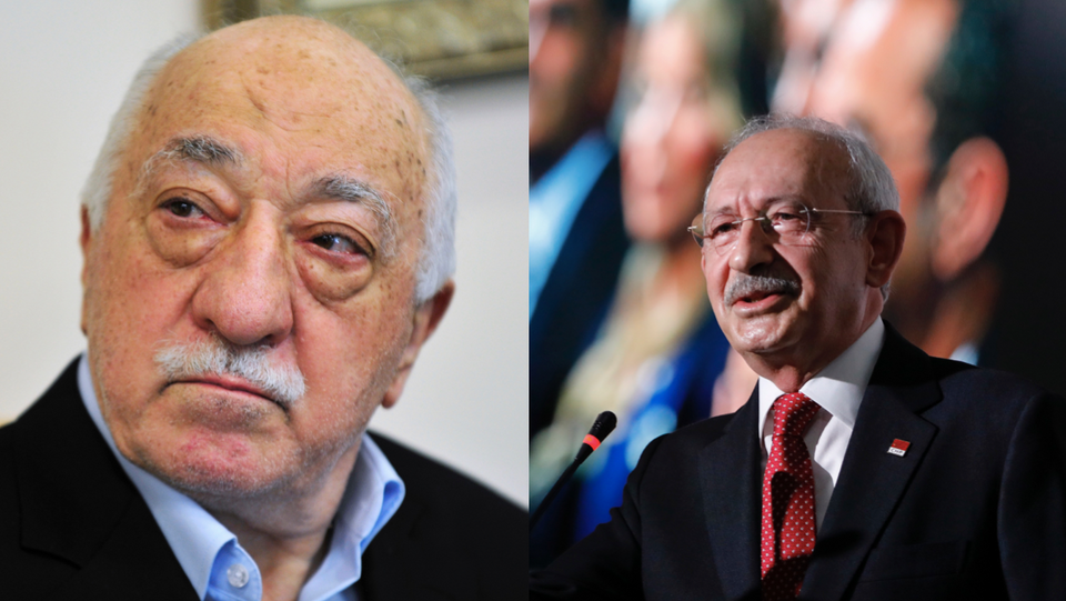 In the July 2016 file photo, Islamic cleric Fetullah Gulen (L) speaks to members of the media at his compound, in Saylorsburg, USA. Kemal Kilicdaroglu (R), leader of Turkey's main opposition Republican People's Party (CHP) delivers a speech to supporters to outline the CHP's election manifesto and present MP candidates at a rally in Ankara, Turkey, Saturday, May 26, 2018.