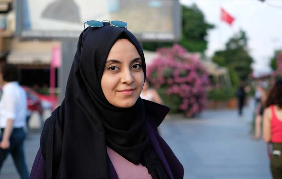 Zeynep, says she will support Recep Tayyip Erdogan because as a hijabi women, she “feels more comfortable now thanks to him and the AK Party.” Besiktas, Istanbul, June 7, 2018.