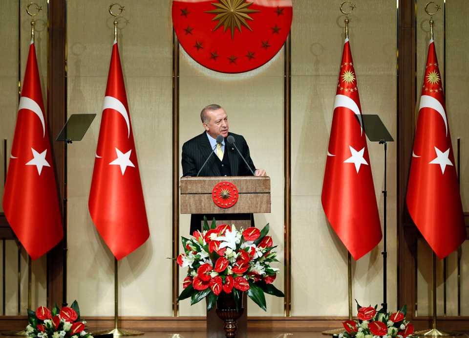 President of Turkey, Recep Tayyip Erdogan speaks during a meal with the heads of Turkish villages and neighbourhoods at Ankara in the exhibition hall inside the Presidential Complex in Ankara, Turkey on June 13, 2018.