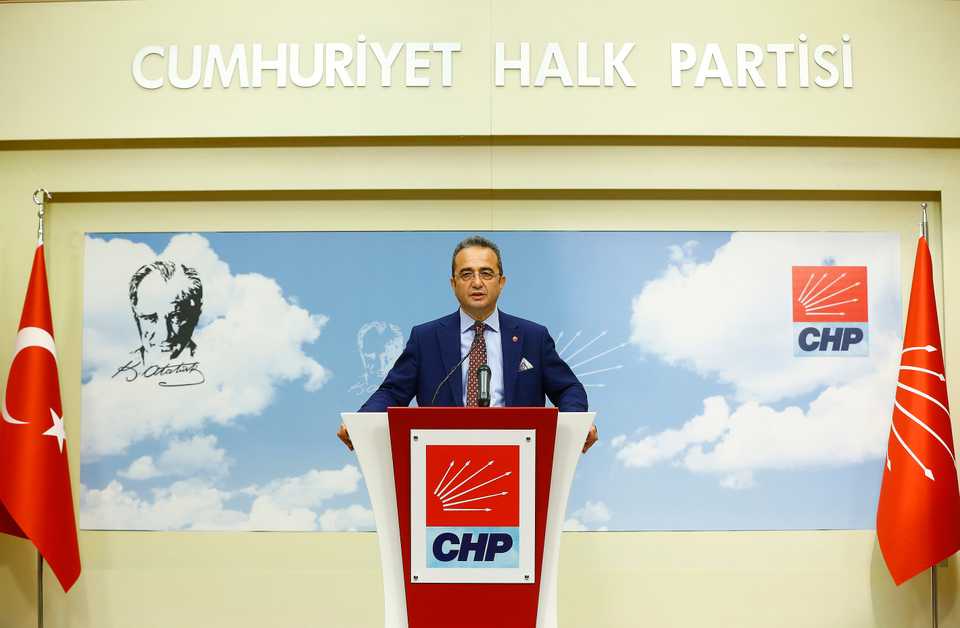 In this May 14, 2018 file photo, Bulent Tezcan, the CHP's vice-chairman and spokesman, is seen during a press conference in the party's headquarters in Ankara, Turkey.