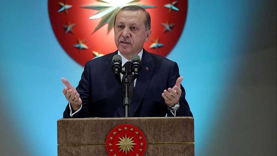 Turkish President Recep Tayyip Erdogan speaking to the media after the opening of new high-speed train station in Ankara.