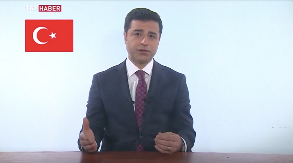 This screen grab taken from a video clip shows arrested presidential candidate Selahattin Demirtas while addressing on TRT Haber on June 17, 2018.