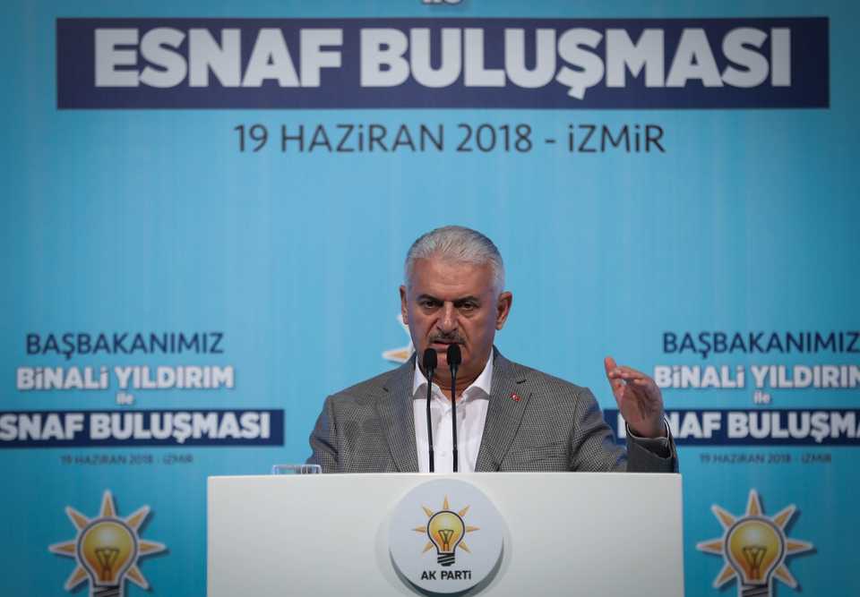 Turkey's Prime Minister Binali Yildirim speaks at a meeting of tradesmen in Izmir, Turkey, June 19, 2018.