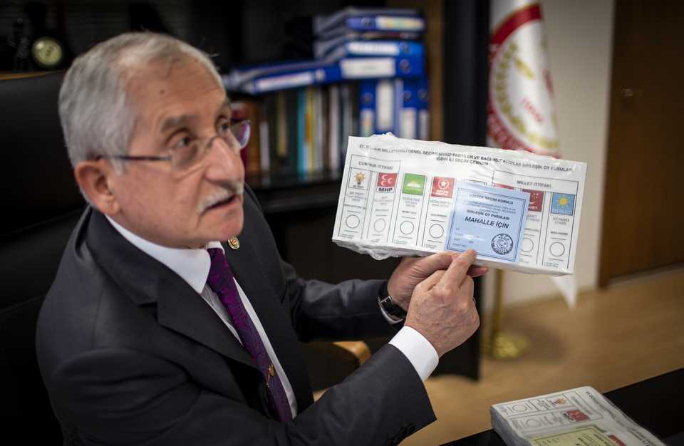 In this June 18, 2018 file photo, Sadi Guven, head of the Supreme Election Council (YSK), is seen showing ballot papers for the upcoming elections in Ankara.