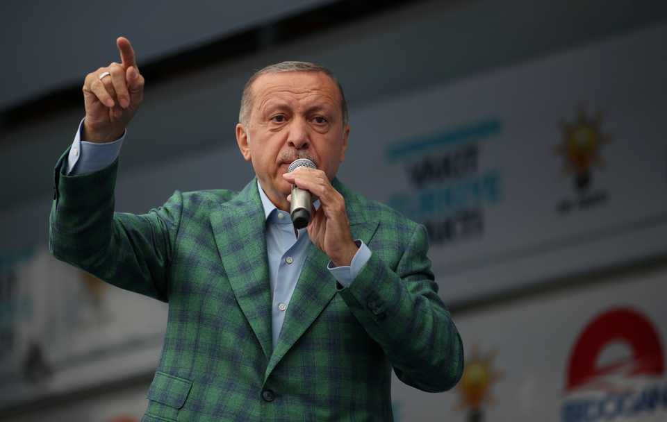 Turkish President Recep Tayyip Erdogan addresses his supporters during an election rally in Istanbul, Turkey June 23, 2018.