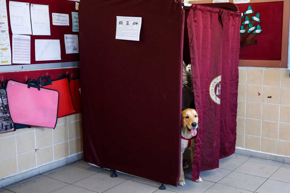 A voter arrives at a polling station with her pet during the parliamentary and presidential elections, in Antalya, Turkey.