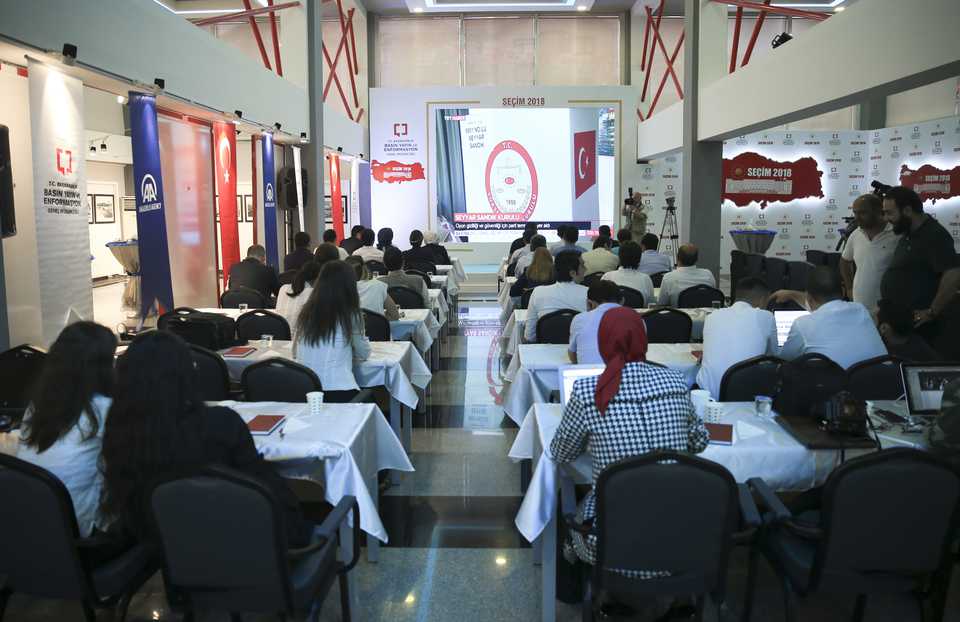 Journalists report the Turkish elections at a press center in the capital Ankara, where nearly 650 accredited international journalists are following the Turkish elections on June 24, 2018.