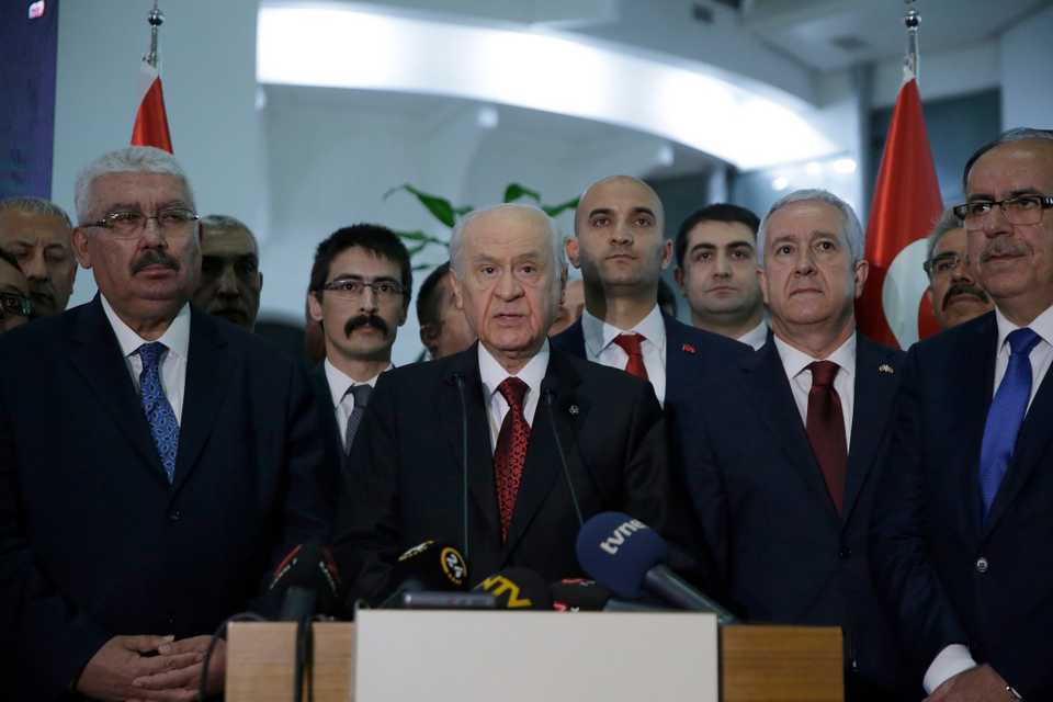 Devlet Bahceli, the Nationalist Movement Party (MHP) leader, speaks during a press conference in the Turkish capital Ankara on June 24, 2018.