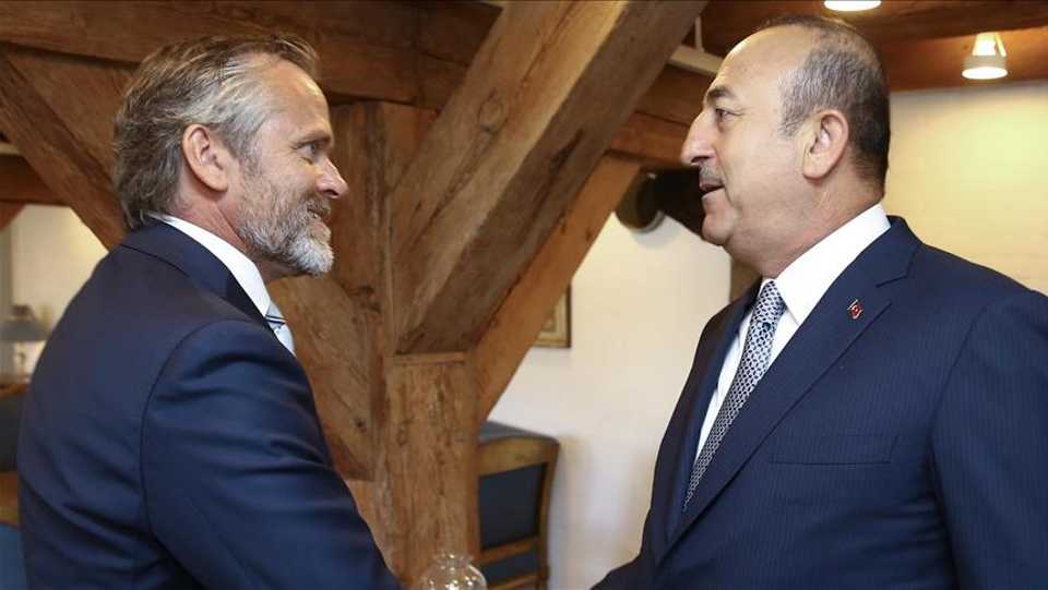 Turkish Foreign Minister Mevlut Cavusoglu (R) meets with Foreign Minister of Denmark Anders Samuelsen (L) ahead of the 'Ukraine Reform Conference' in Copenhagen, Denmark on June 27, 2018.