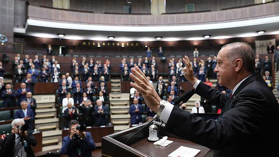 Recep Tayyip Erdogan gestures during a group meeting of AK Party at the Turkish Grand National Assembly in Ankara, Turkey on July 07, 2018.