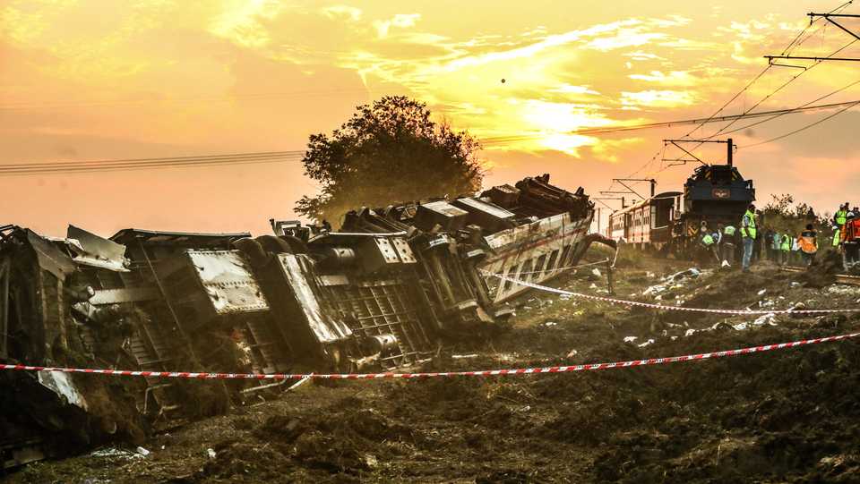 The scene on July 9 after several bogies of a passenger train derailed at Sarilar village in Corlu district, Tekirdag province, Turkey, July 8, 2018.