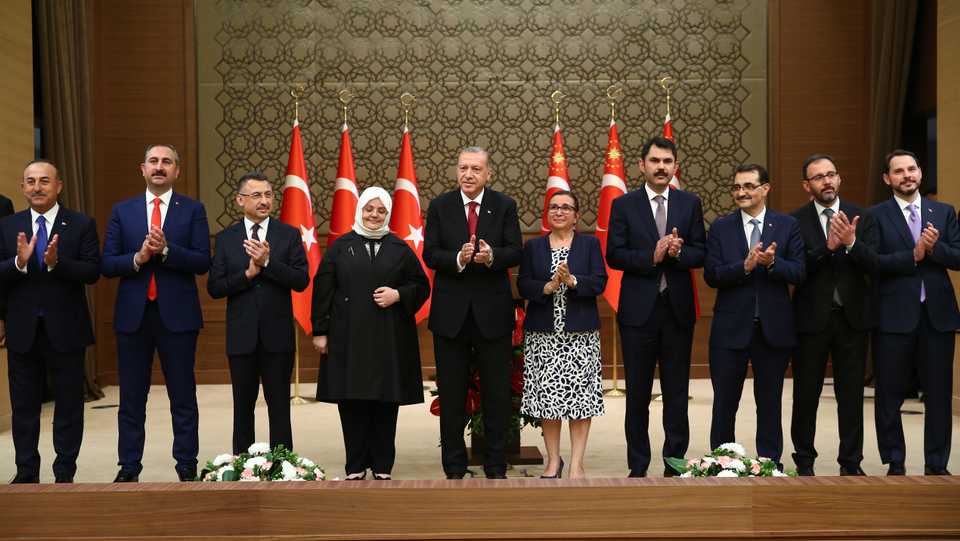 Turkish President Recep Tayyip Erdogan (C) unveils new cabinet after taking oath as first president under new government system, in Ankara, Turkey on July 9, 2018.