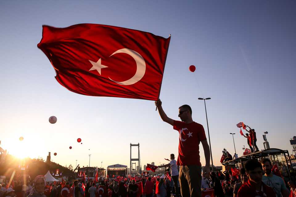 People gather at 15 July Martyrs Bridge to attend July 15 Democracy and National Unity Day's ceremony in Istanbul, Turkey on July 15, 2018.