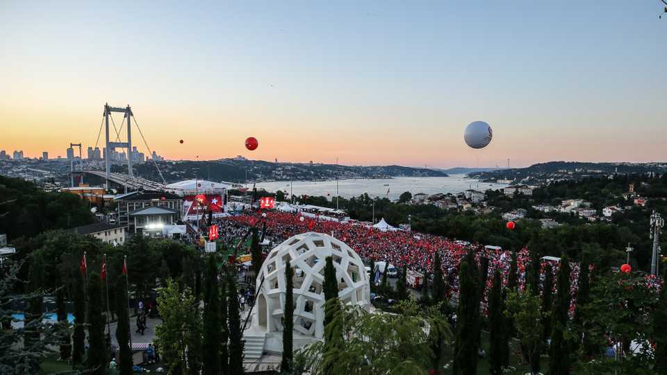 People gather at 15 July Martyrs Bridge to attend July 15 Democracy and National Unity Day's ceremony to mark July 15 defeated coup's 2nd anniversary in Istanbul, Turkey on July 15, 2018.