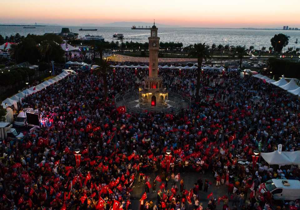 People in Izmir mark the second anniversary of the defeated coup in Turkey, July15, 2018.