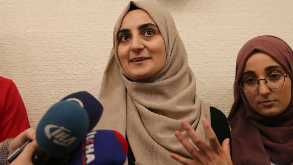 Ebru Ozkan speaks to media in Istanbul after she was released by the Israeli court, on July 16, 2018.