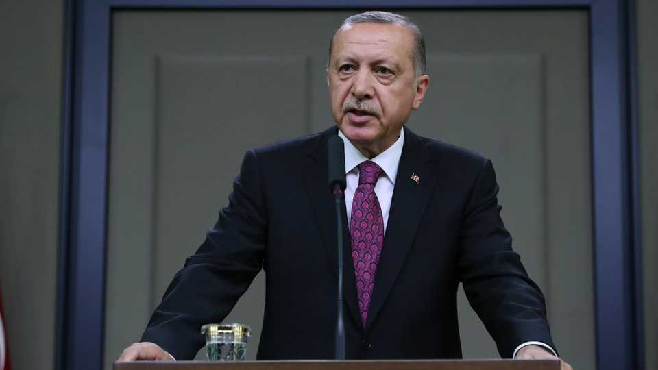 Turkey's President Recep Tayyip Erdogan speaks at a press conference ahead of his departure to the BRICS summit in South Africa.