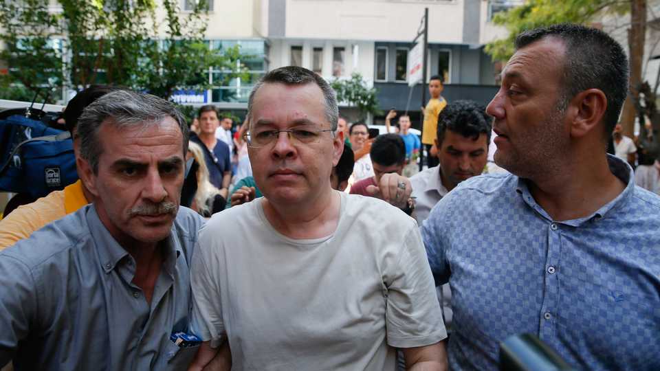 American Pastor Andrew Craig Brunson (C) was charged with spying and was placed under house arrest due to health considerations, in Izmir, Turkey, on July 25, 2018.