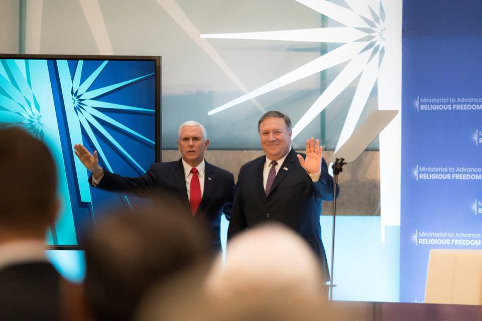 US Vice President Mike Pence and US Secretary of State Mike Pompeo host the Ministerial to Advance Religious Freedom at the State Department in Washington, US, July 26, 2018.