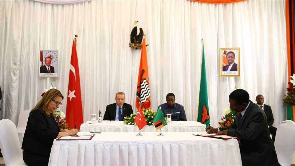 Turkish President Recep Tayyip Erdogan and his Zambian counterpart Edgar Lungu attend an agreement- signing ceremony after delegation-level talks in Lusaka, Zambia.