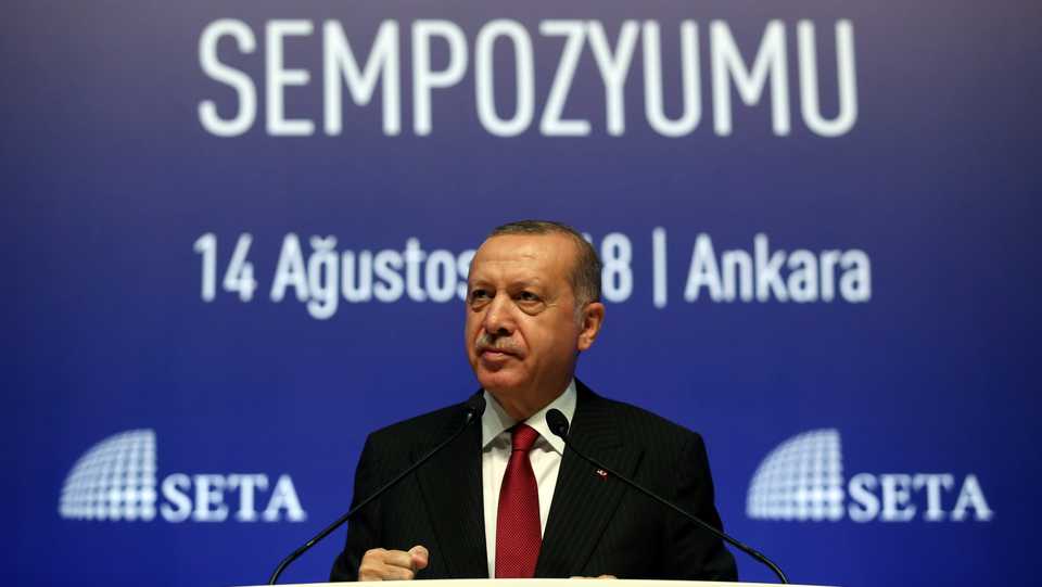 Turkish President Recep Tayyip Erdogan at a symposium organised by the Foundation for Political, Economic and Social Research (SETA) at the ATO Congresium Hall in Ankaral, Turkey on August 14, 2018.