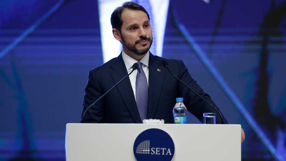 Turkish Treasury and Finance Minister Berat Albayrak addresses people at a symposium organised by the Foundation for Political, Economic and Social Research (SETA) on the 17th foundation anniversary of the governing Justice and Development (AK) Party, in Ankara, Turkey on August 14, 2018.