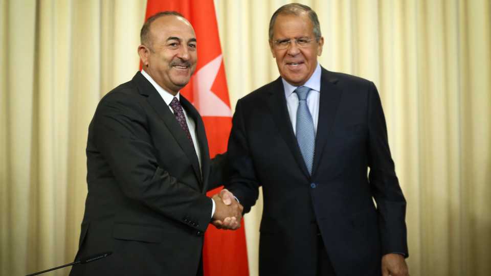 Turkish Foreign Minister Mevlut Cavusoglu (L) and Russian Foreign Minister Sergey Lavrov (R) hold a joint press conference after their meeting in Moscow, Russia on August 24, 2018.