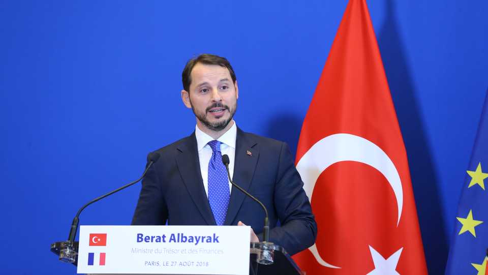 Turkish Treasury and Finance Minister Berat Albayrak (L) and French Minister of Economy Bruno Le Maire (R - not seen) hold a joint press conference in Paris, France on August 27, 2018.