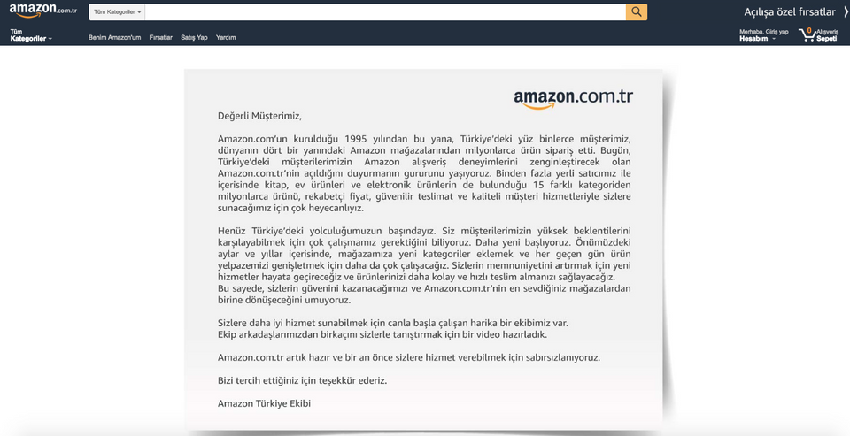 This screen grab taken from Amazon.com's new Turkish website shows the company's message for Turkish customers.