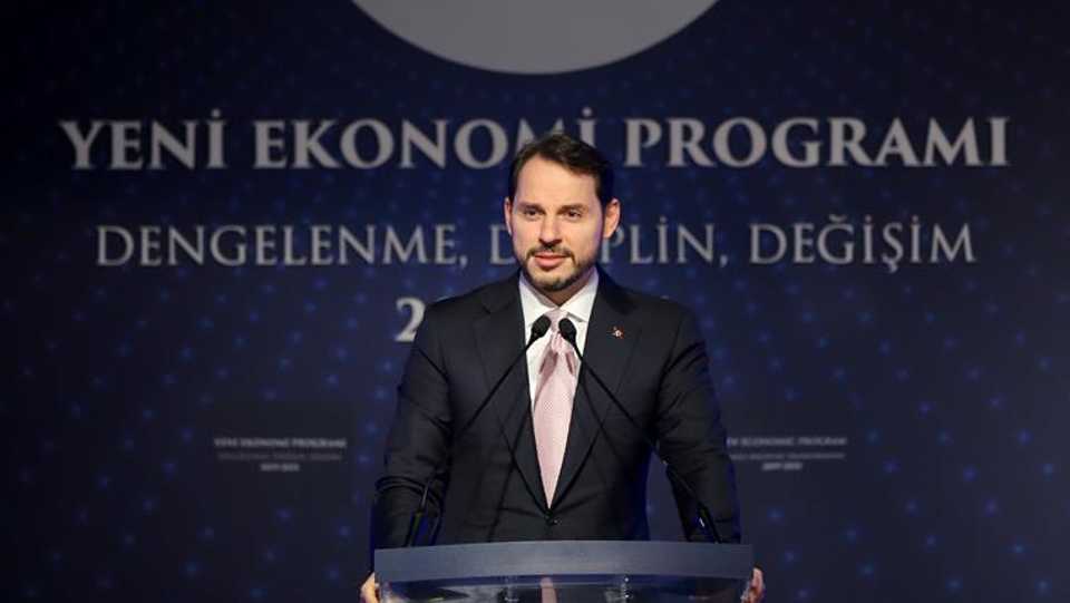 Turkish Treasury and Finance Minister Berat Albayrak speaks as he introduces Turkey’s new Medium Term Programme (MTP) at the Dolmabahce Presidential Office in Istanbul, Turkey on September 20, 2018.