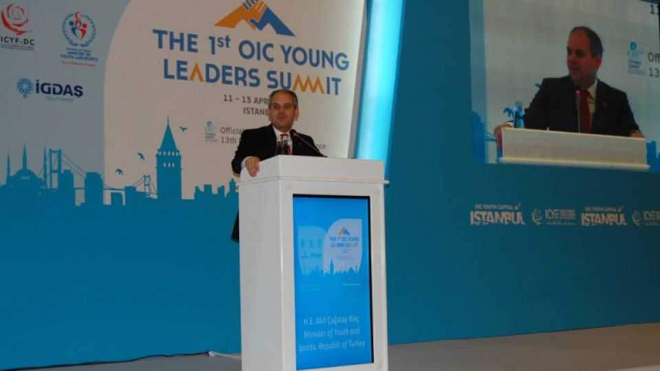  Akif Cagatay Kılıc, Turkey's minister of youth and sport addresses an audience at the first OIC Young Leaders Summit in Istanbul, April 12, 2016. 