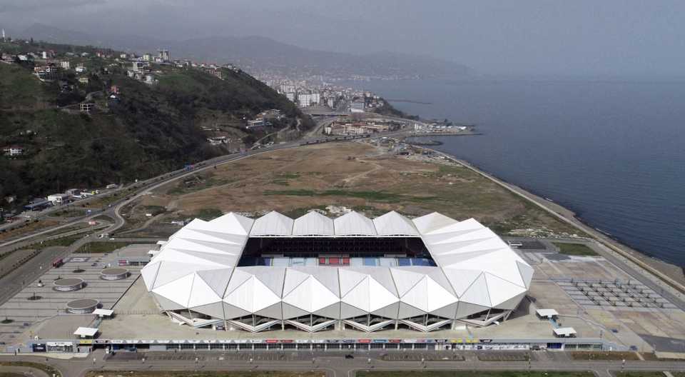 An aerial view of Senol Gunes Stadium, opened to public in 2016 with the capacity of 40.775, in Trabzon, Turkey on April 05, 2018.