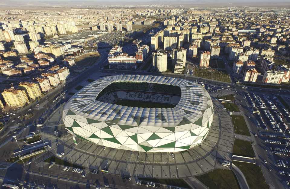 A file photo shows an aerial view of Konya Metropolitan Municipality Stadium, opened to public in 2014 with the capacity of 42.000in Konya, Turkey