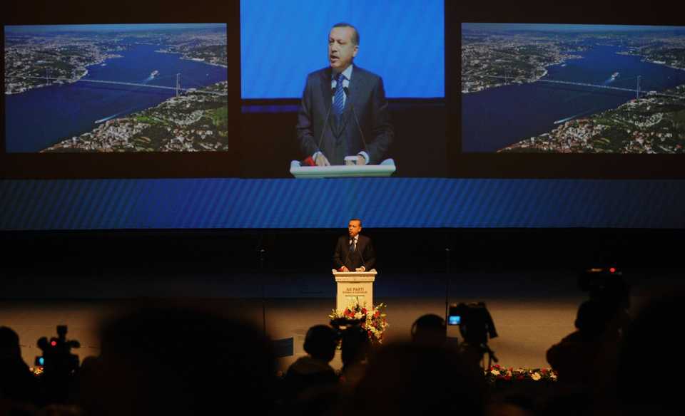 Then prime minister, Recep Tayyip Erdogan, flanked by images of the Bosphorus as he speaks in Istanbul, where he announced plans to build a major new waterway to reduce traffic on the heavily-congested Bosphorus. April 27, 2011.