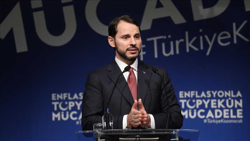 Turkish Treasury and Finance Minister Berat Albayrak gives a speech on a programme on the 