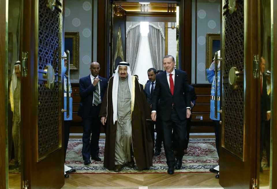 President of Turkey Recep Tayyip Erdogan meets King Salman bin Abdulaziz Al Saud of Saudi Arabia at Presidential Complex in Ankara, Turkey on April 12, 2016. 