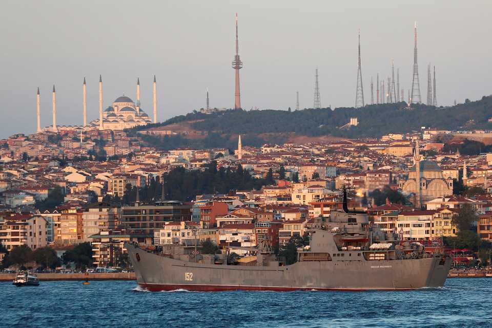 The Russian Navy's landing ship Nikolai Filchenkov sails in the Bosphorus, on its way to the Black Sea, in Istanbul, Turkey, September 12, 2018.