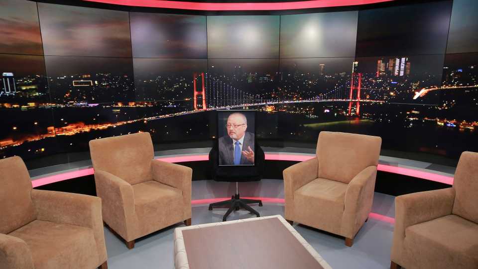 An empty chair with a picture of Saudi writer Jamal Khashoggi placed on it is seen before a live television program for London-based TV station al Hewar, Istanbul on October 11, 2018. Khashoggi was supposed to appear on the show. The TV presenter Azzam Tamimi, a prominent Palestinian and a good friend of Khashoggi, told The Associated Press that the program was planned to discuss his new projects, his books and other issues. October 11, 2018.