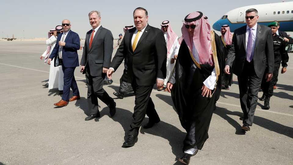 US Secretary of State Mike Pompeo walks with Saudi Foreign Minister Adel al Jubeir after arriving in Riyadh, Saudi Arabia, October 16, 2018.