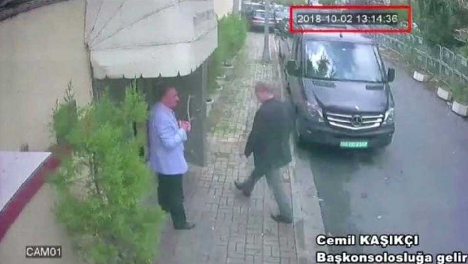 A still image taken from CCTV video and obtained by TRT World shows Saudi journalist Jamal Khashoggi (R) as he enters Saudi Arabia's consulate in Istanbul, Turkey on October 2, 2018.