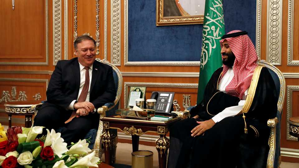 US Secretary of State Mike Pompeo (L) meets Saudi Crown Prince Mohammed bin Salman during his visit to Riyadh, Saudi Arabia, October 16, 2018.