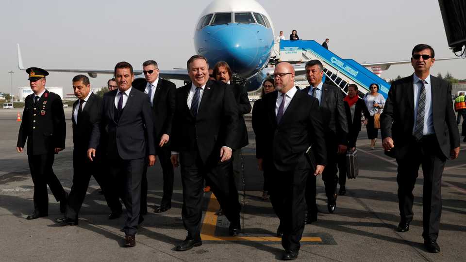 US Secretary of State Mike Pompeo arrives in Ankara, Turkey, on October 17, 2018.