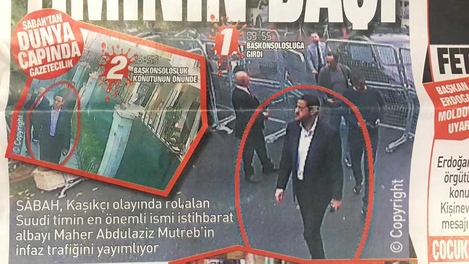 Photo shows Sabah newspaper on October 18, 2018. Sabah published surveillance video images showing a man who previously travelled with Crown Prince Mohammed bin Salman's entourage to the US walking into the Saudi Consulate in Istanbul before disappearance of Jamal Khashoggi. (Photo of Sabah newspaper)