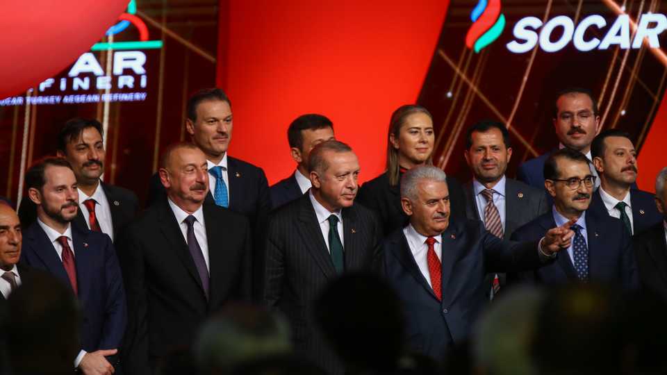 President of Turkey Recep Tayyip Erdogan (C), Azerbaijani President Ilham Aliyev (C-L), Turkish Grand National Assembly Speaker Binali Yildirim (C-R) attend the opening ceremony of SOCAR’s STAR Refinery Project in Izmir, Turkey, October 19, 2018.