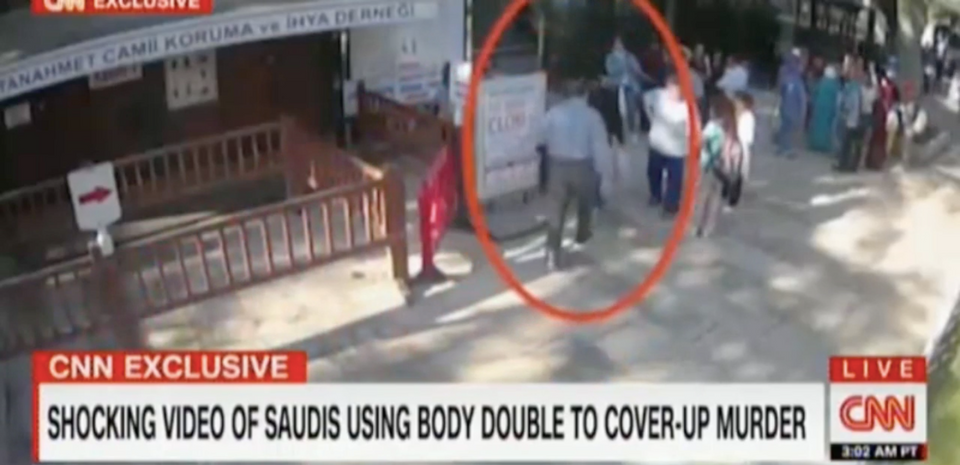 Screenshot of CCTV video released by CNN shows a Saudi man allegedly dressed in journalist Jamal Khashoggi's attire entering a public toilet near the Sultan Ahmet Blue Mosque in Istanbul's Fatih district.
