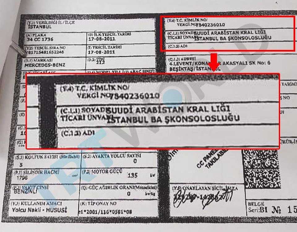 Screenshot shows copy of the registration book of the vehicle bearing Saudi diplomatic number plates and found abandoned in a parking lot in Istanbul.